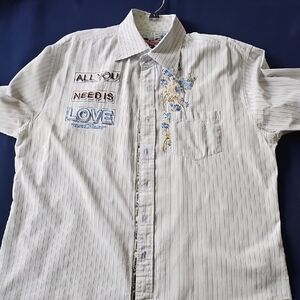 Striped White Short-Sleeve Shirt with Blue Embroidery